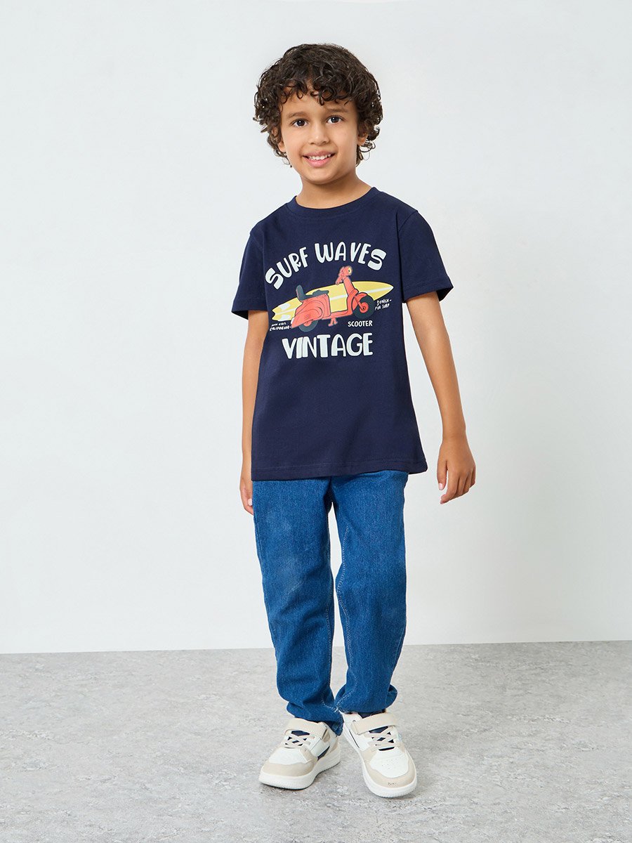 Boys Navy Blue Surf Waves Graphic T-Shirt