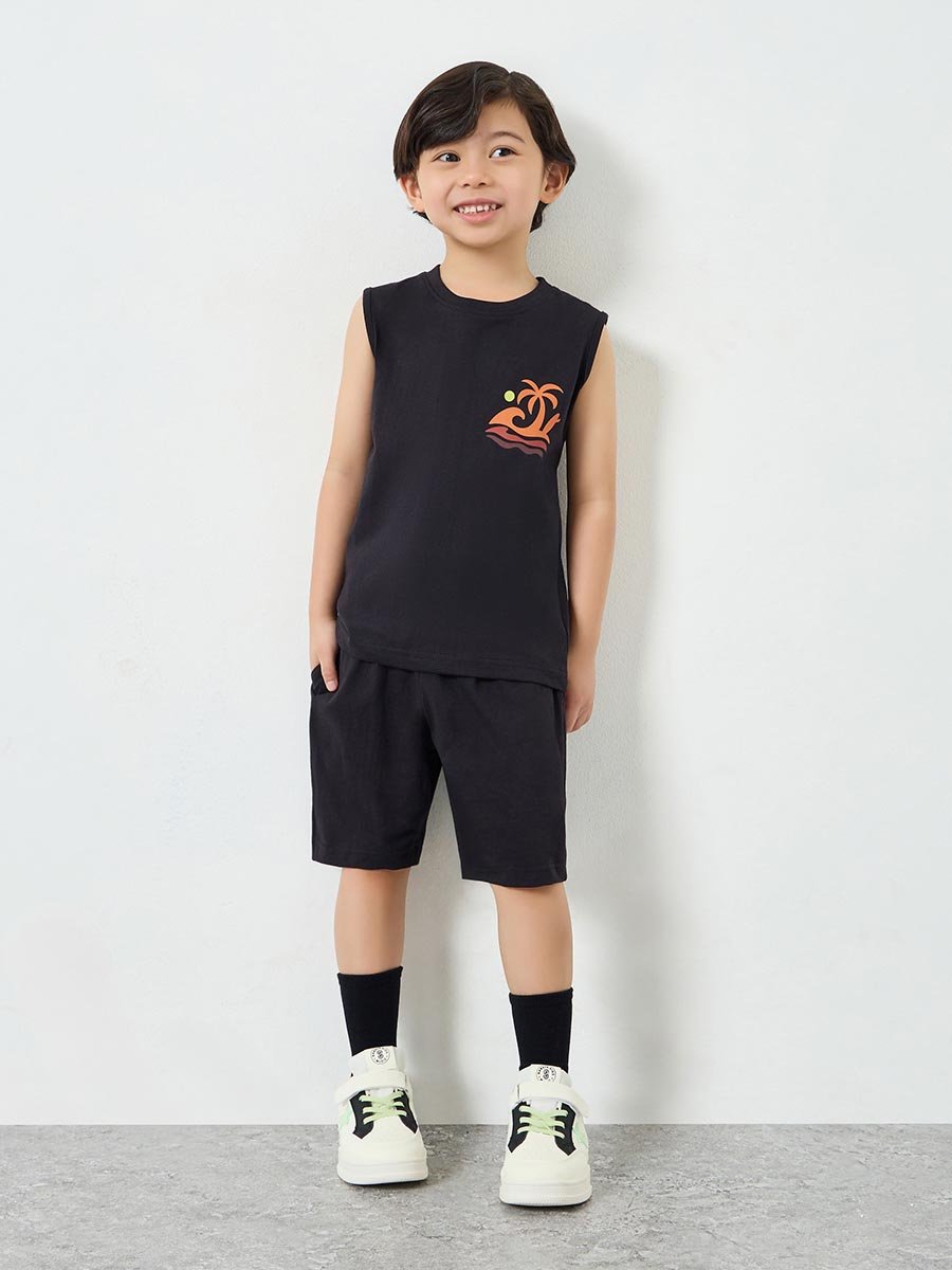 Boys Black Sleeveless T-Shirt and Shorts Set