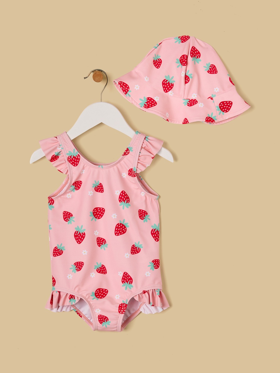 Strawberry Print Swimsuit with Hat
