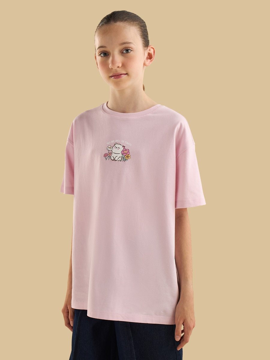 Cat Print Oversized Cotton T-Shirt