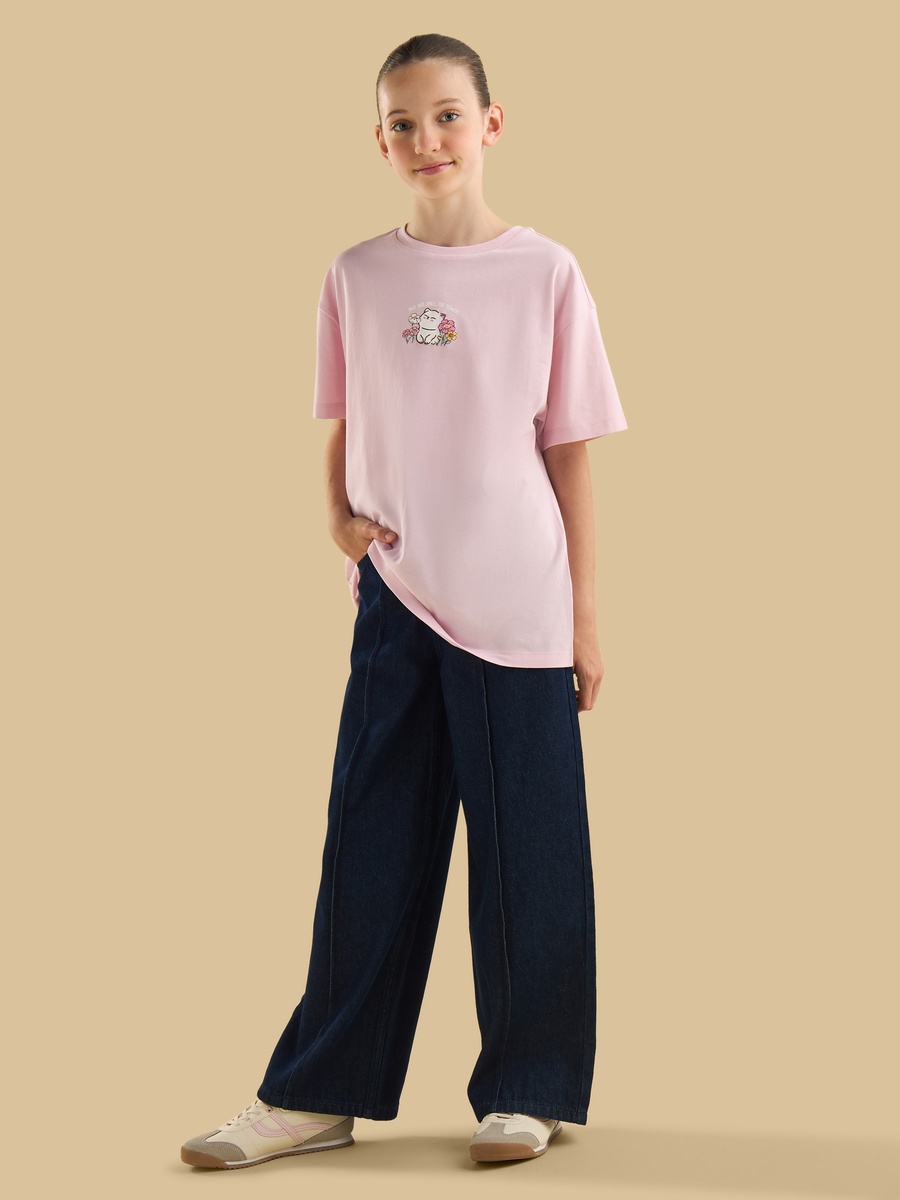Cat Print Oversized Cotton T-Shirt