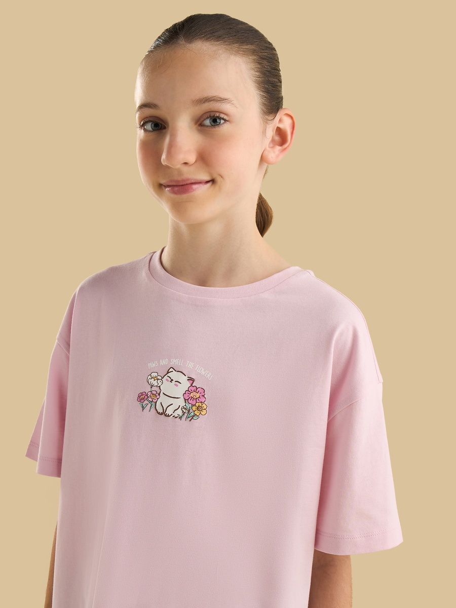 Cat Print Oversized Cotton T-Shirt