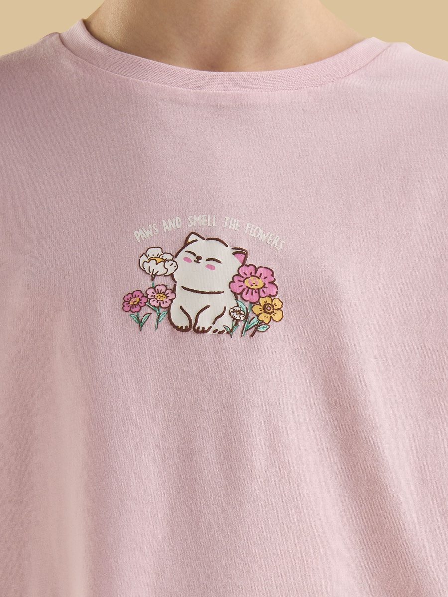 Cat Print Oversized Cotton T-Shirt