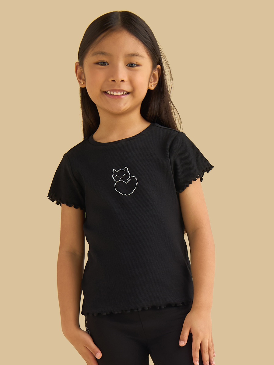 Cat Embellished Ribbed T-Shirt