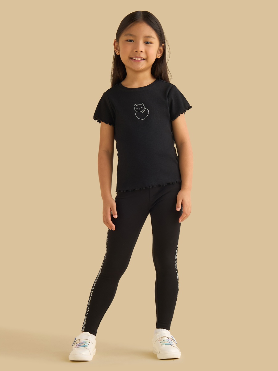 Cat Embellished Ribbed T-Shirt