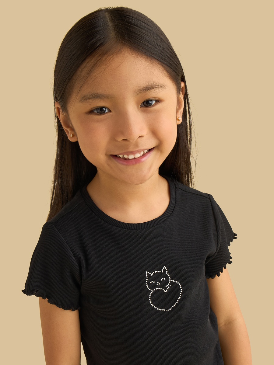Cat Embellished Ribbed T-Shirt