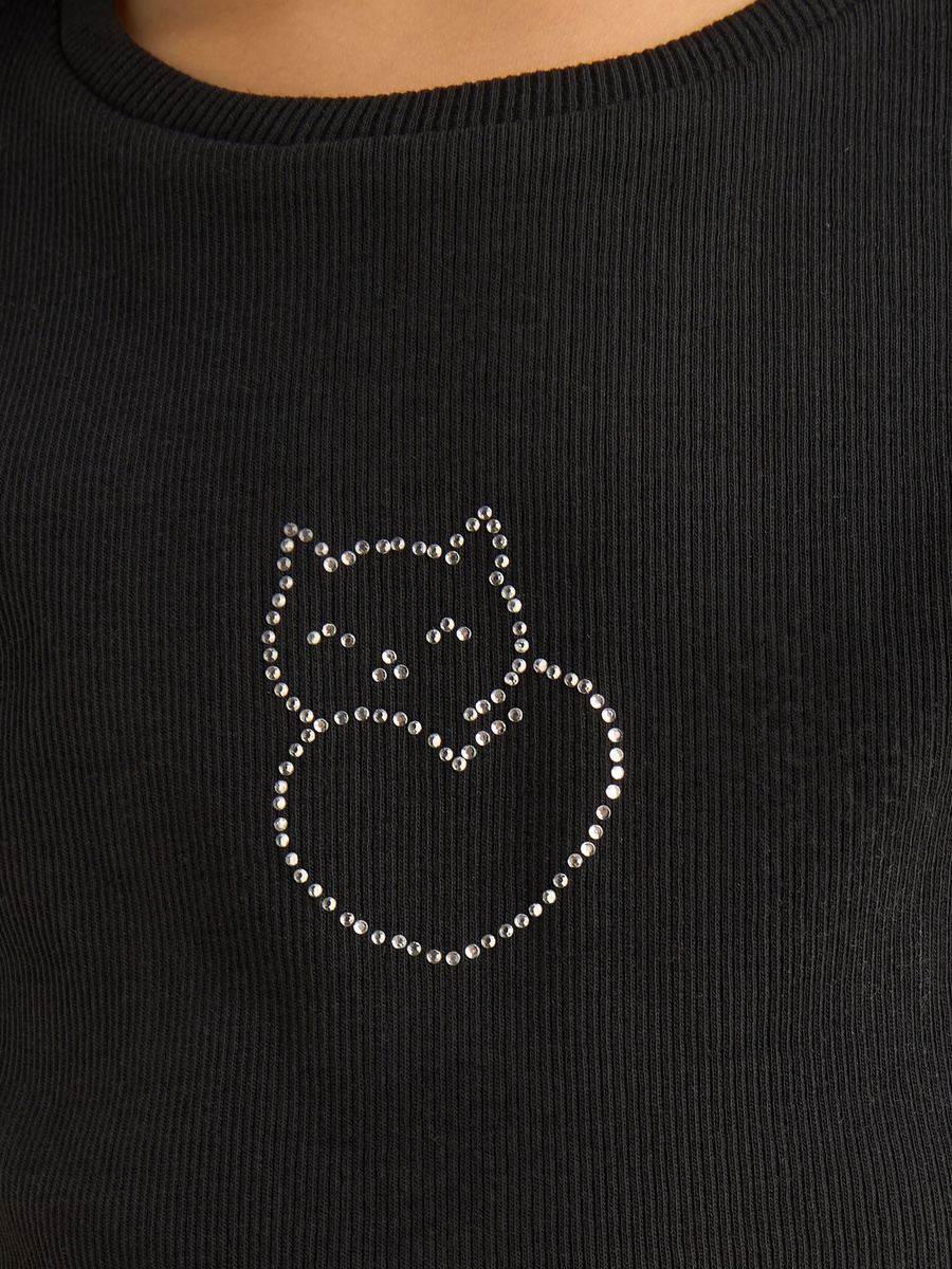 Cat Embellished Ribbed T-Shirt
