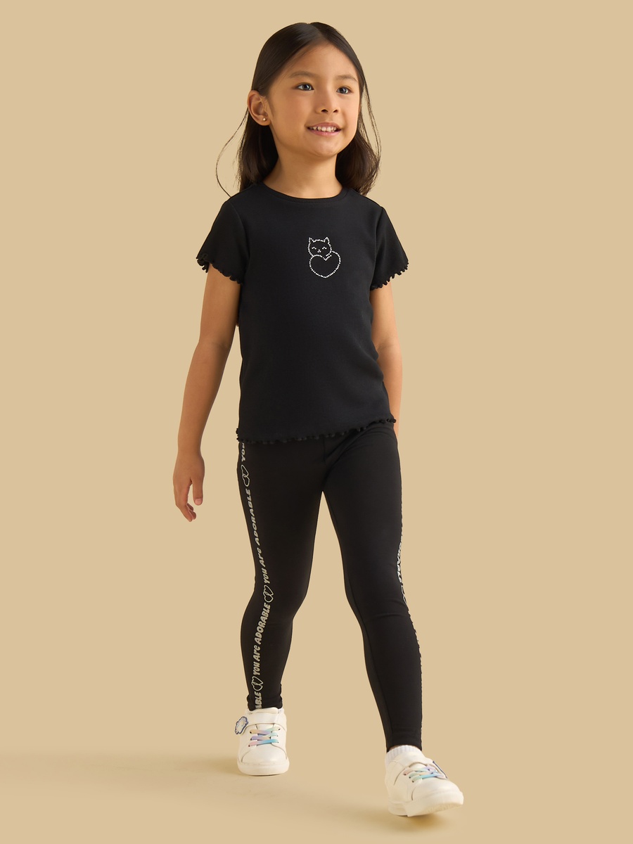 Cat Embellished Ribbed T-Shirt