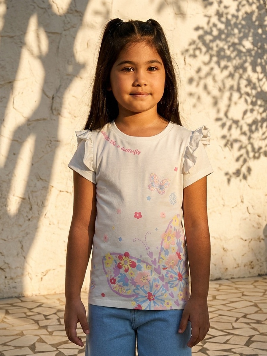Butterfly Print Cotton T-Shirt with Ruffles