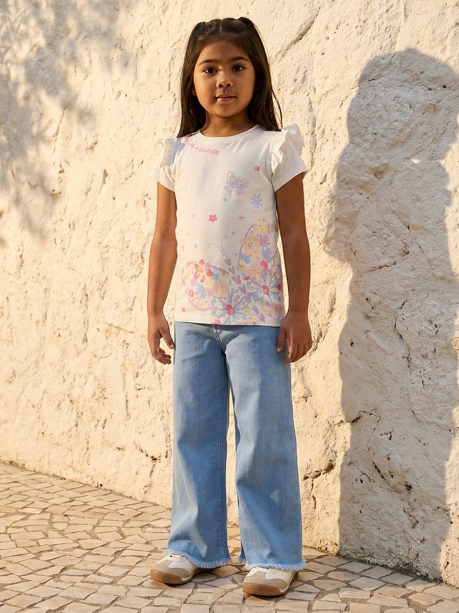 Butterfly Print Cotton T-Shirt with Ruffles
