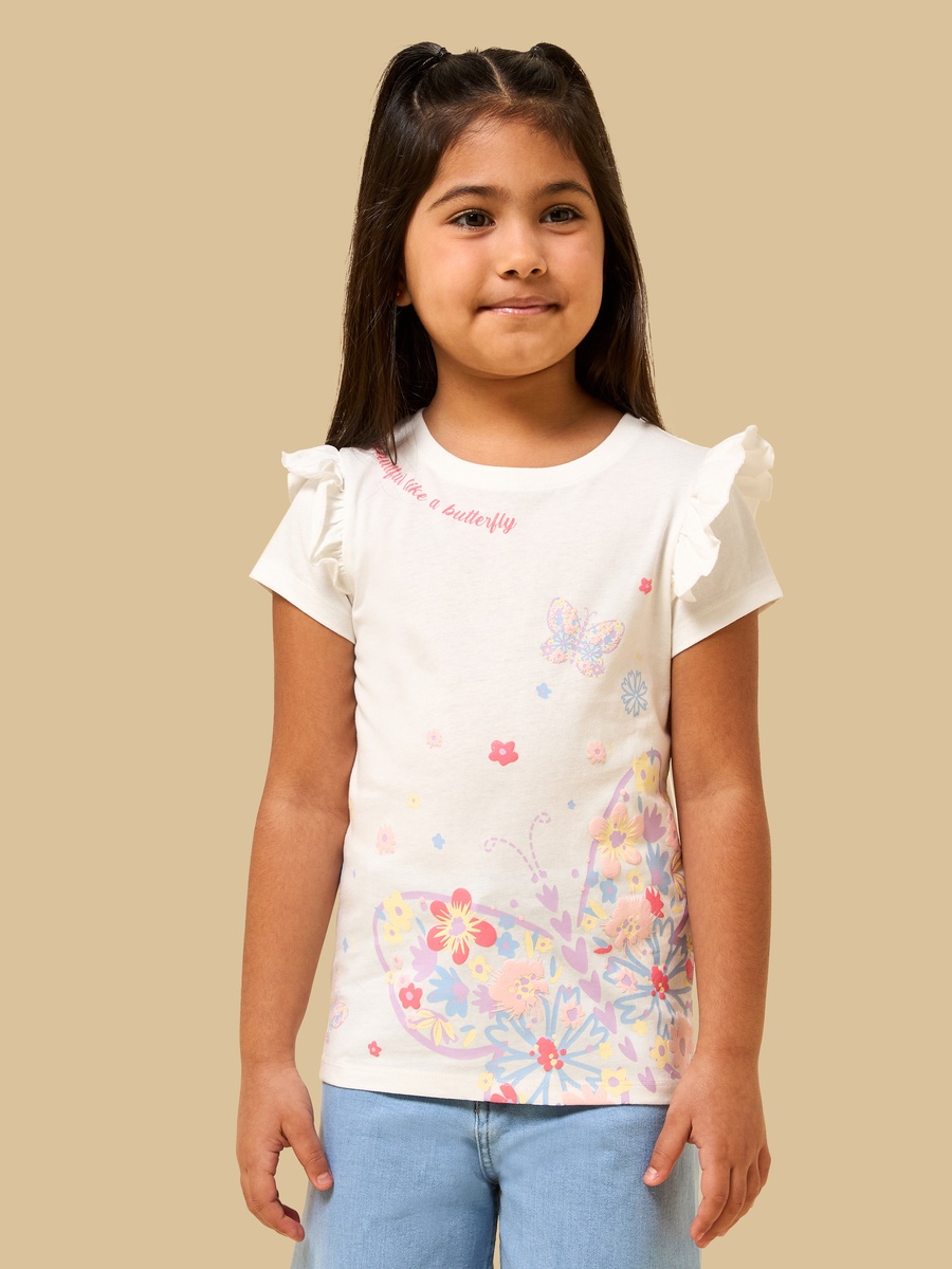 Butterfly Print Cotton T-Shirt with Ruffles