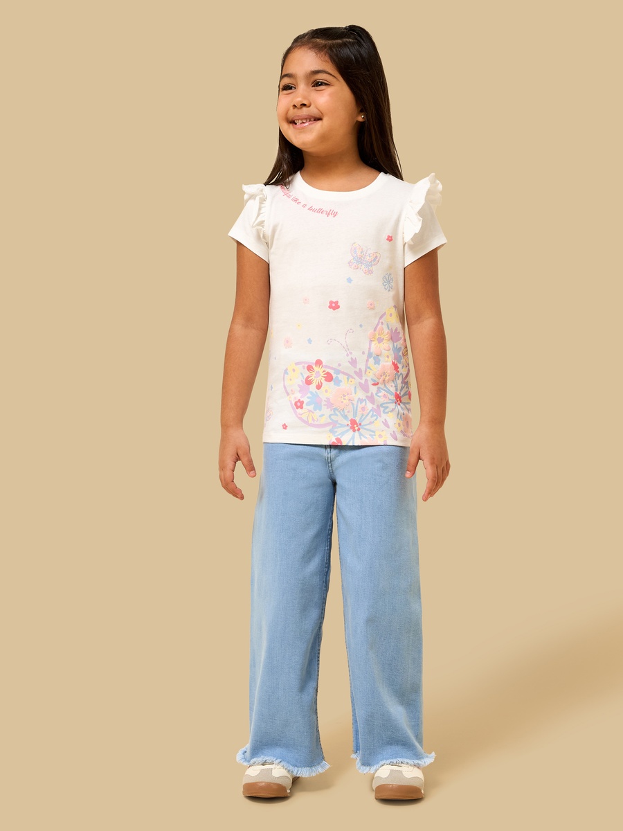 Butterfly Print Cotton T-Shirt with Ruffles