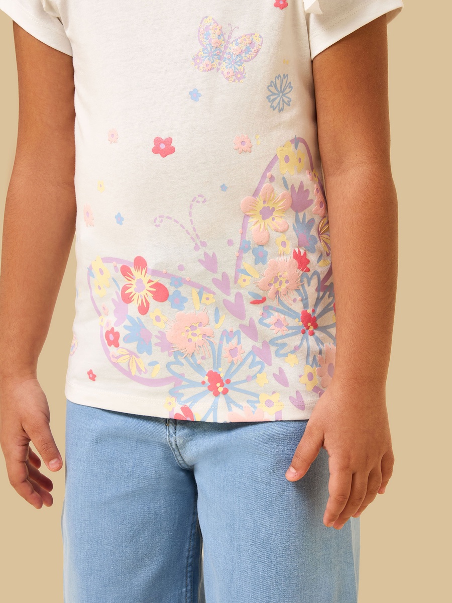 Butterfly Print Cotton T-Shirt with Ruffles