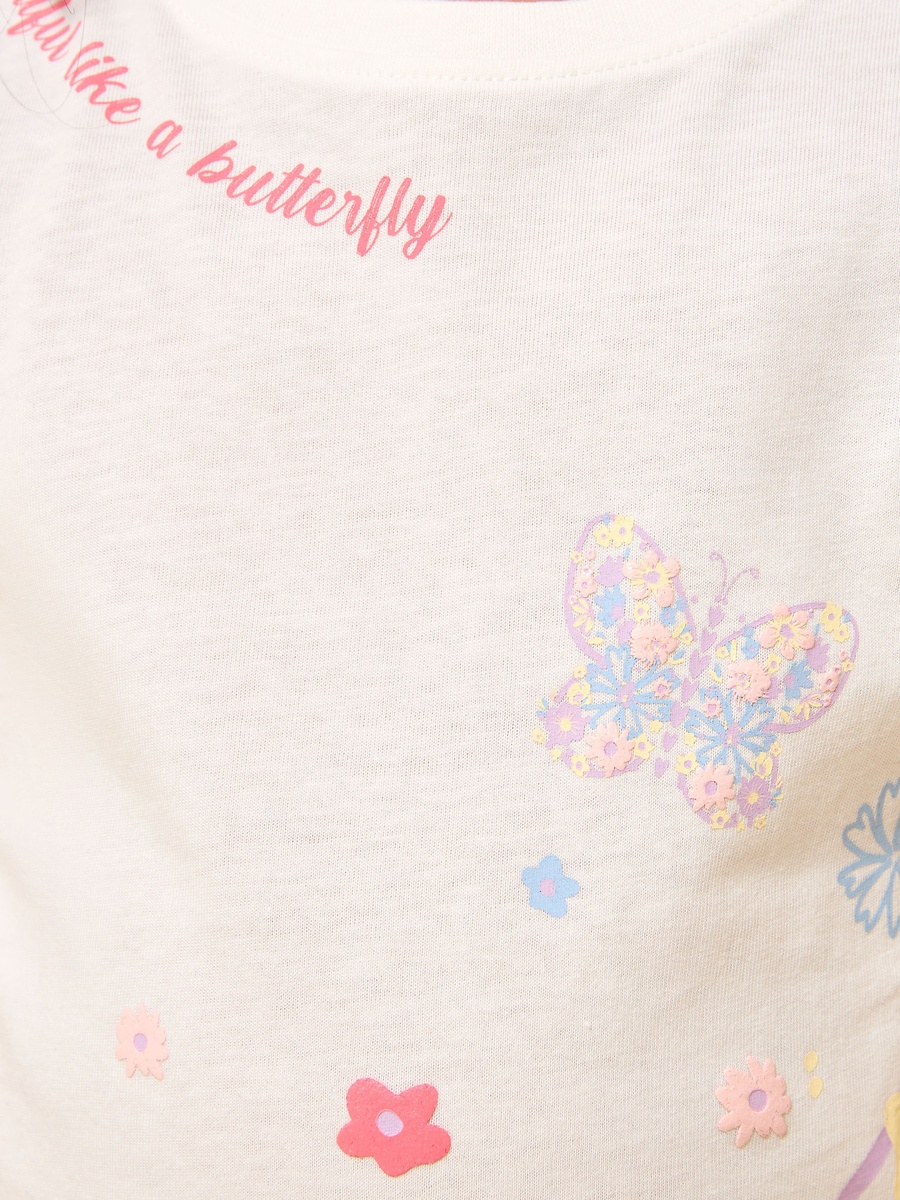 Butterfly Print Cotton T-Shirt with Ruffles