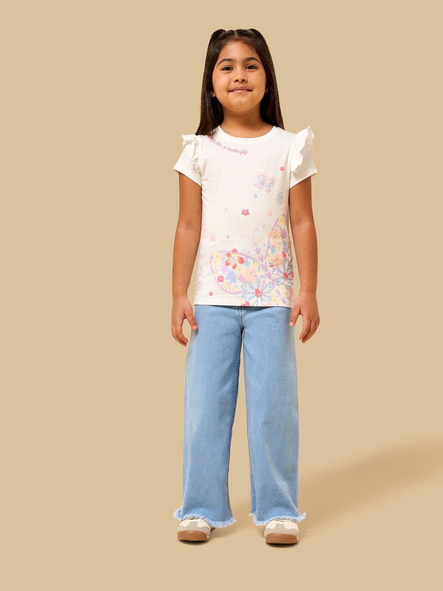 Butterfly Print Cotton T-Shirt with Ruffles