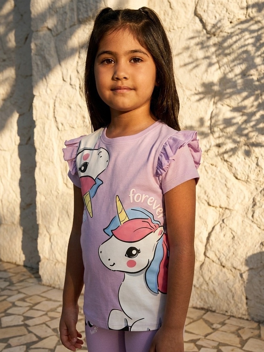 Unicorn Print Cotton T-Shirt with Ruffles