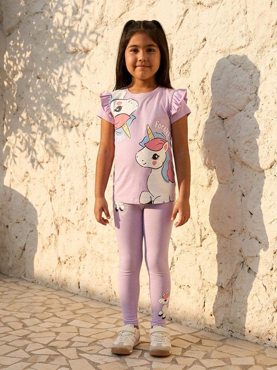 Unicorn Print Cotton T-Shirt with Ruffles