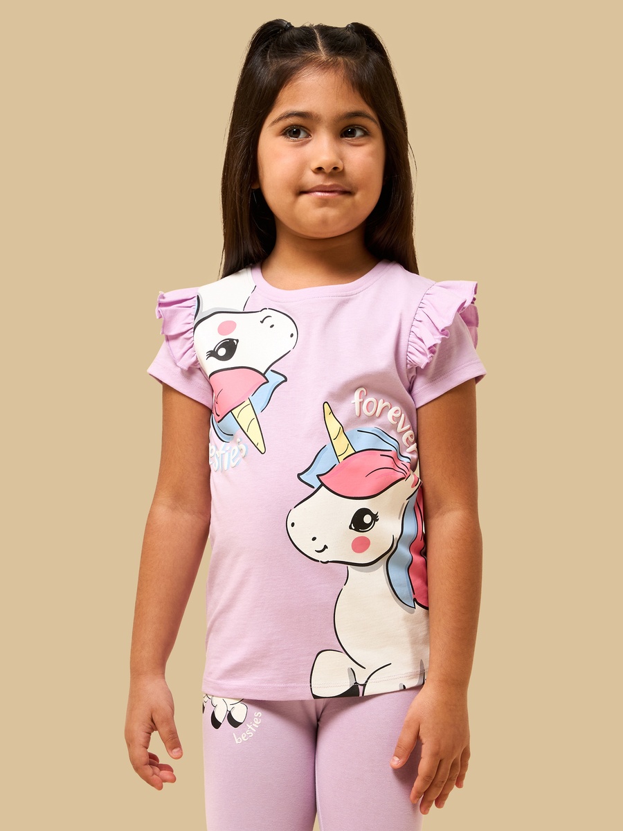 Unicorn Print Cotton T-Shirt with Ruffles