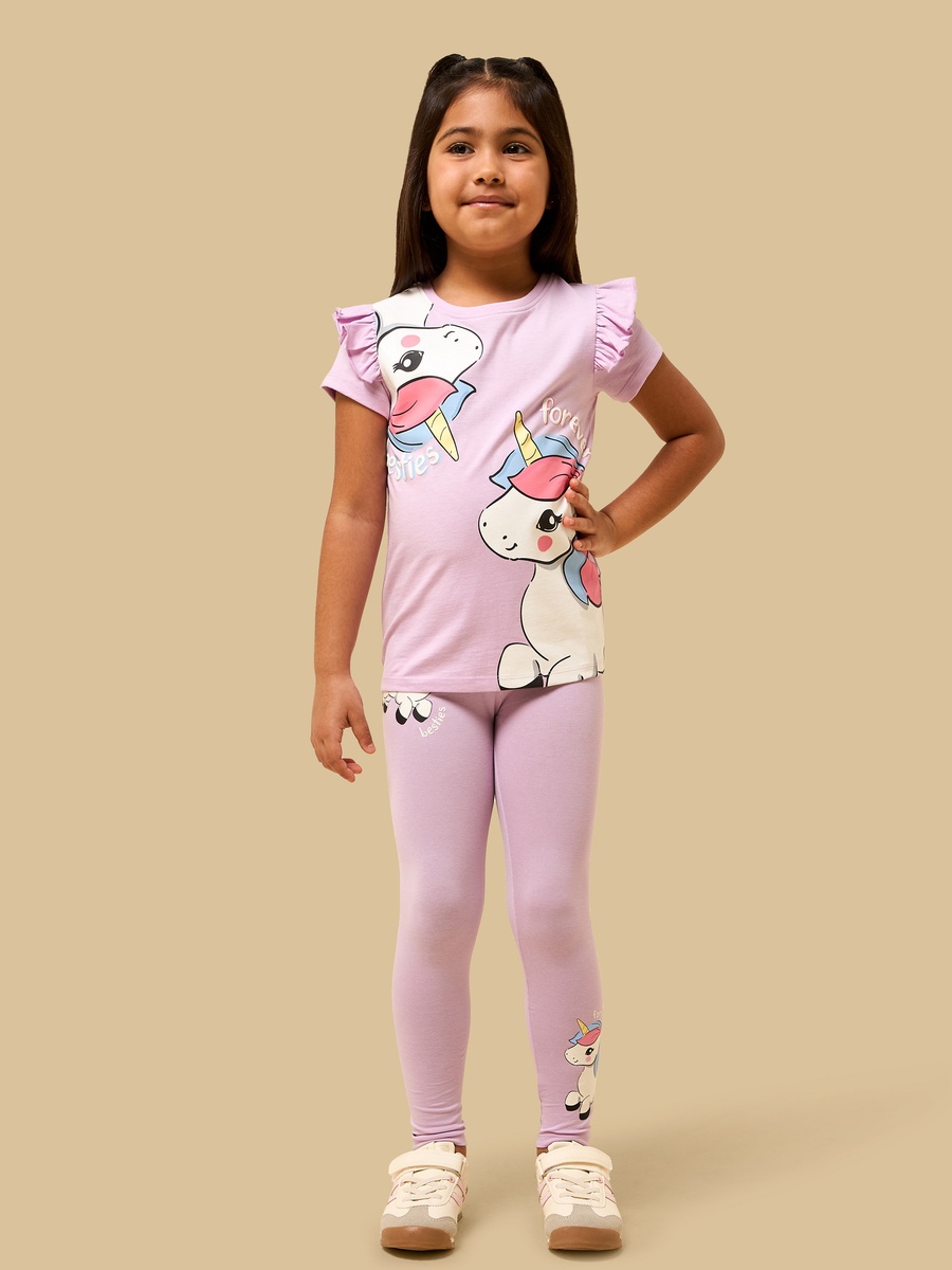 Unicorn Print Cotton T-Shirt with Ruffles