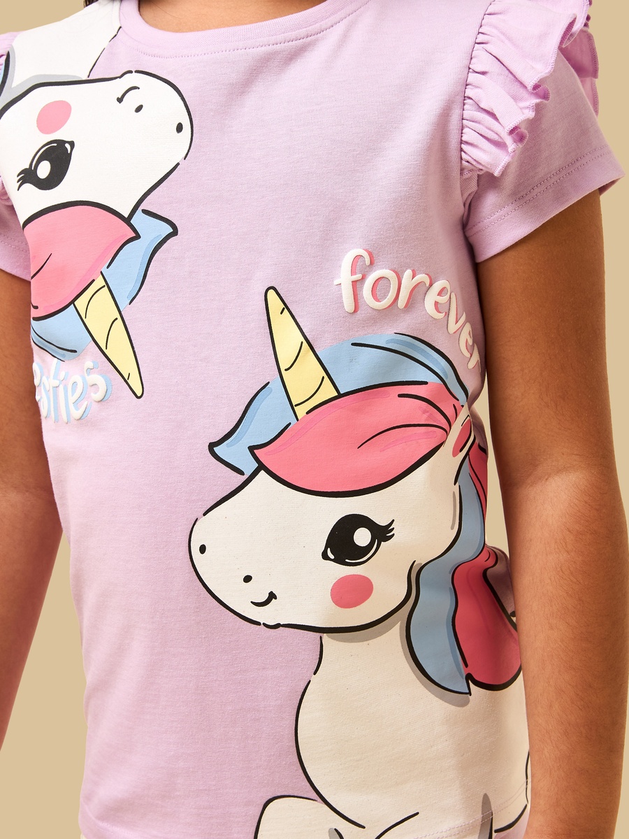 Unicorn Print Cotton T-Shirt with Ruffles