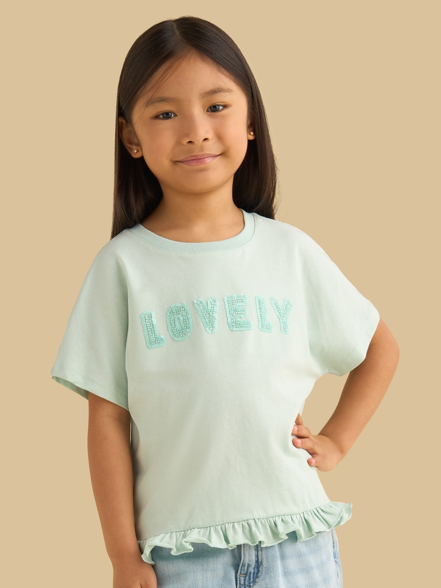 Bead Embellished T-Shirt with Frill Hem