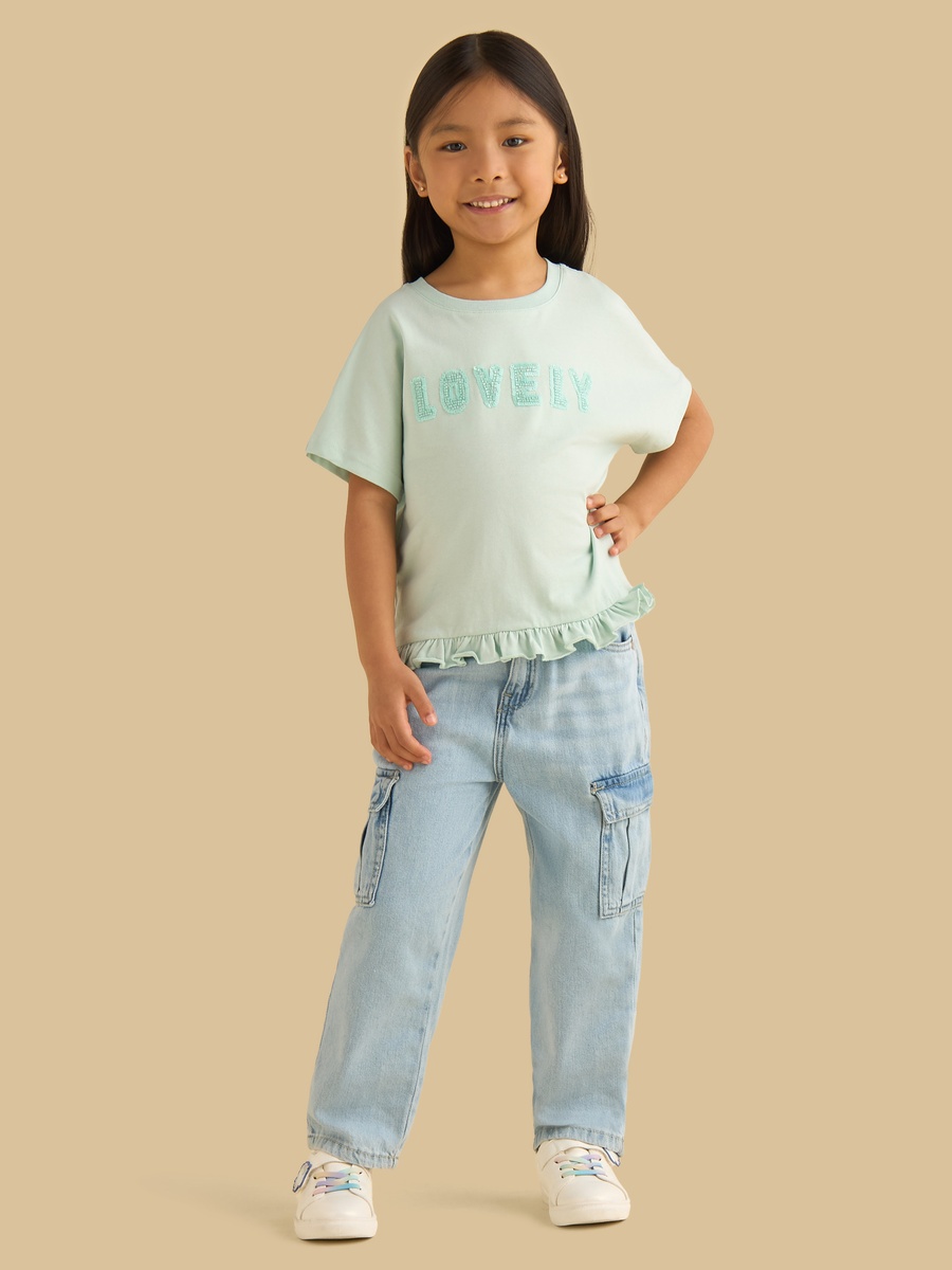 Bead Embellished T-Shirt with Frill Hem