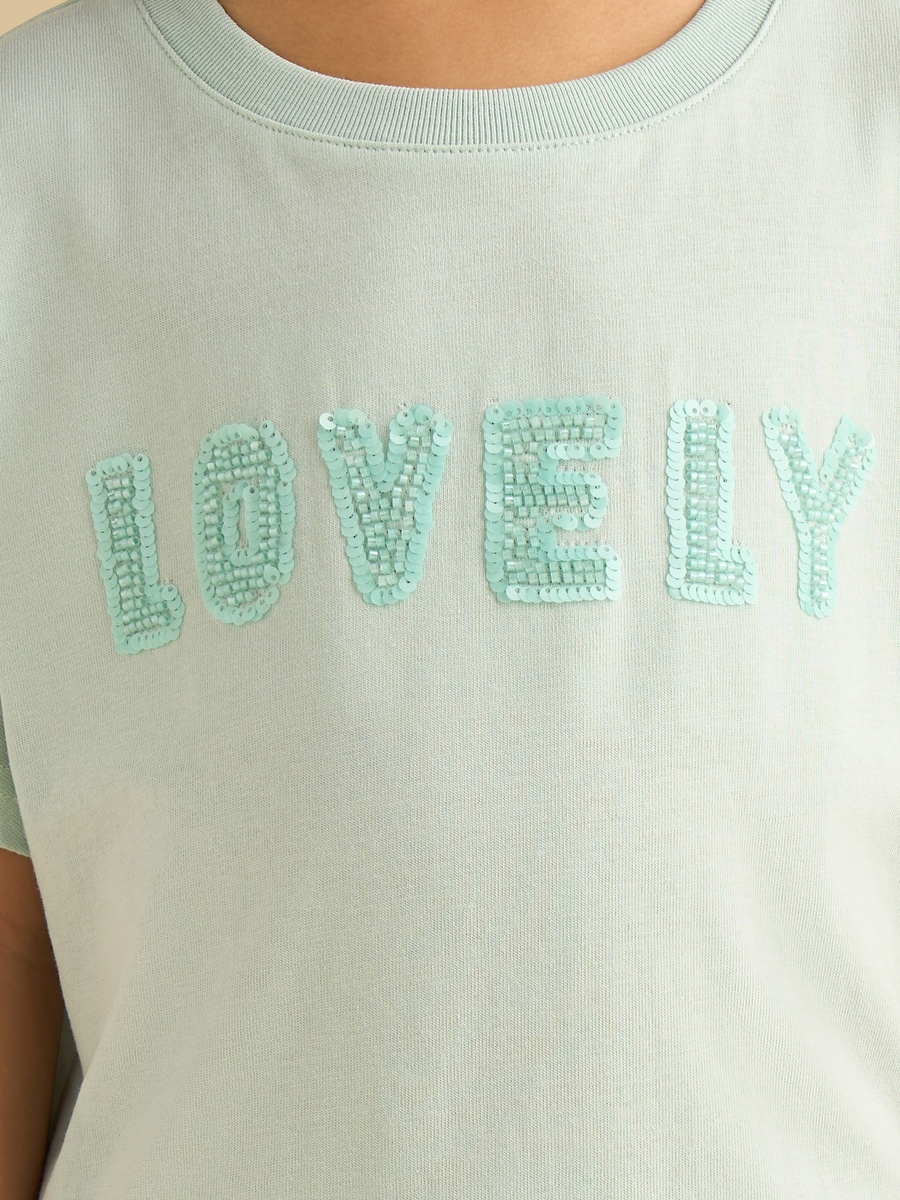 Bead Embellished T-Shirt with Frill Hem