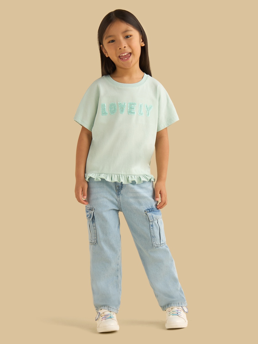 Bead Embellished T-Shirt with Frill Hem