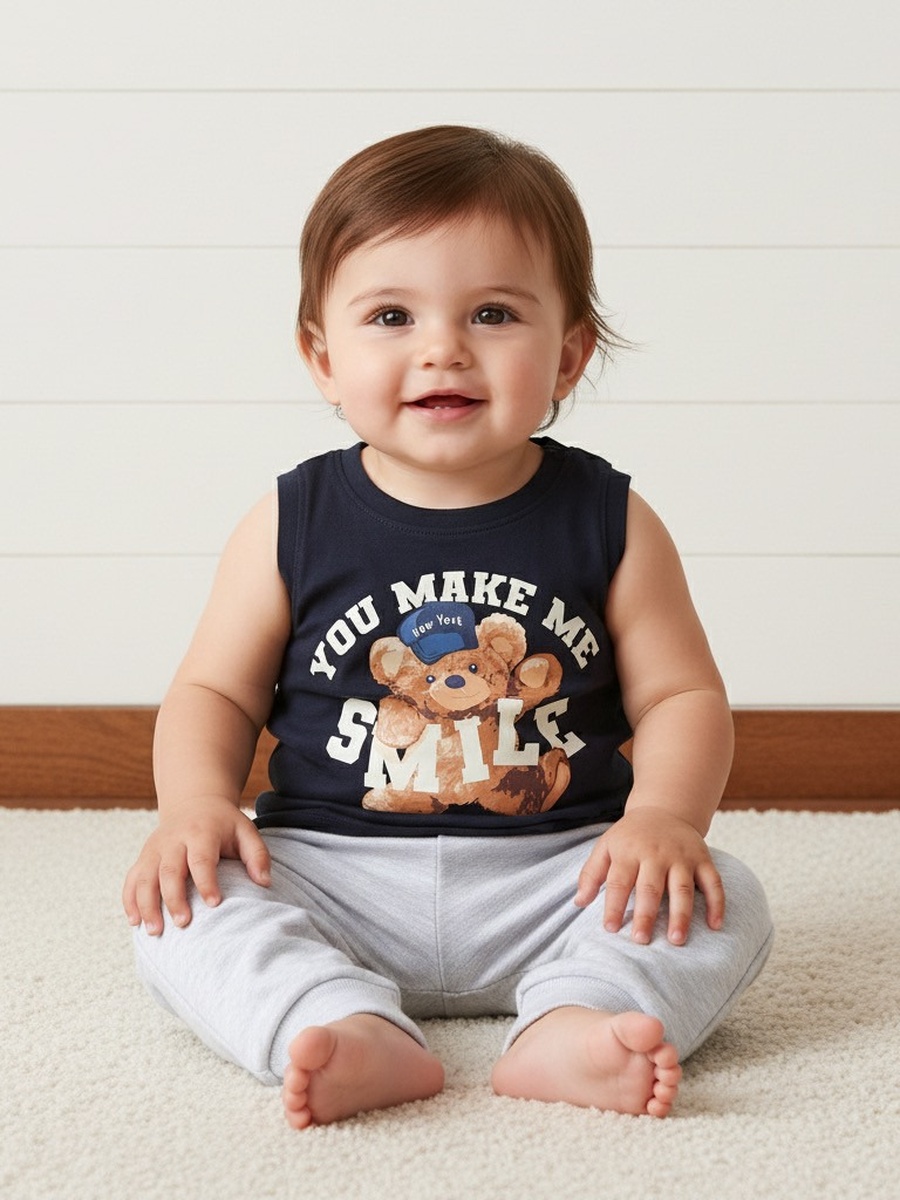 Teddy Bear Slogan Print Sleeveless Cotton T-Shirt