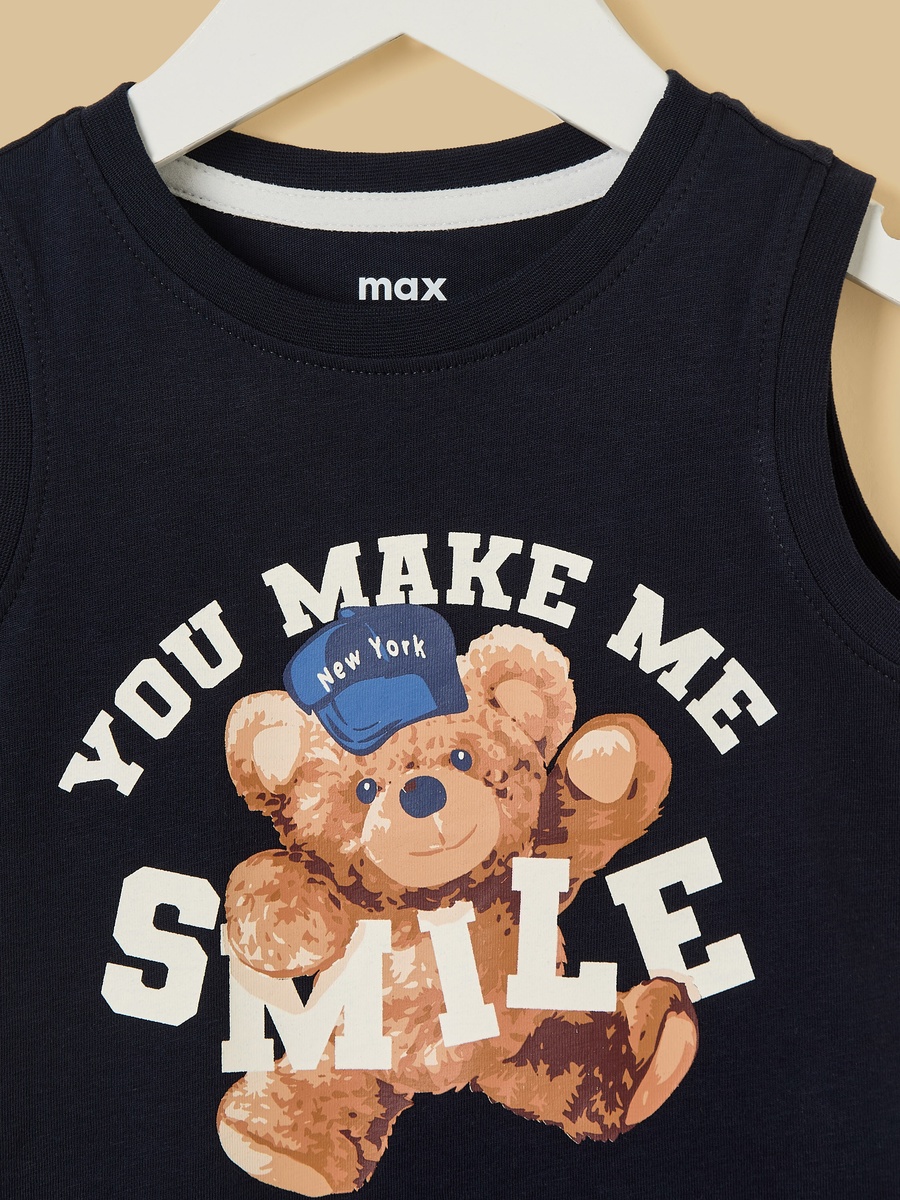 Teddy Bear Slogan Print Sleeveless Cotton T-Shirt