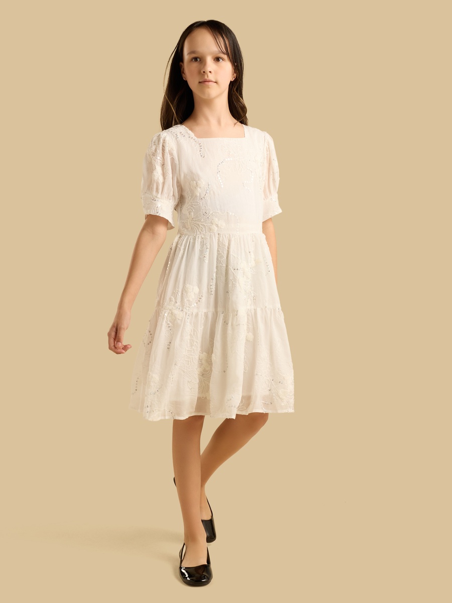 Embroidered Tiered Dress with Square Neck