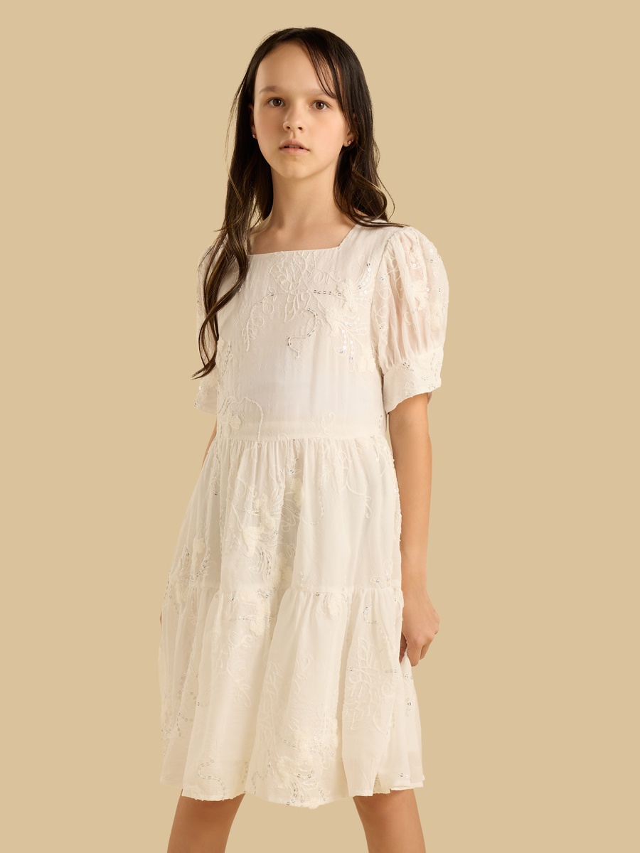 Embroidered Tiered Dress with Square Neck