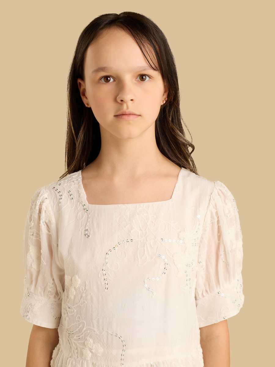 Embroidered Tiered Dress with Square Neck