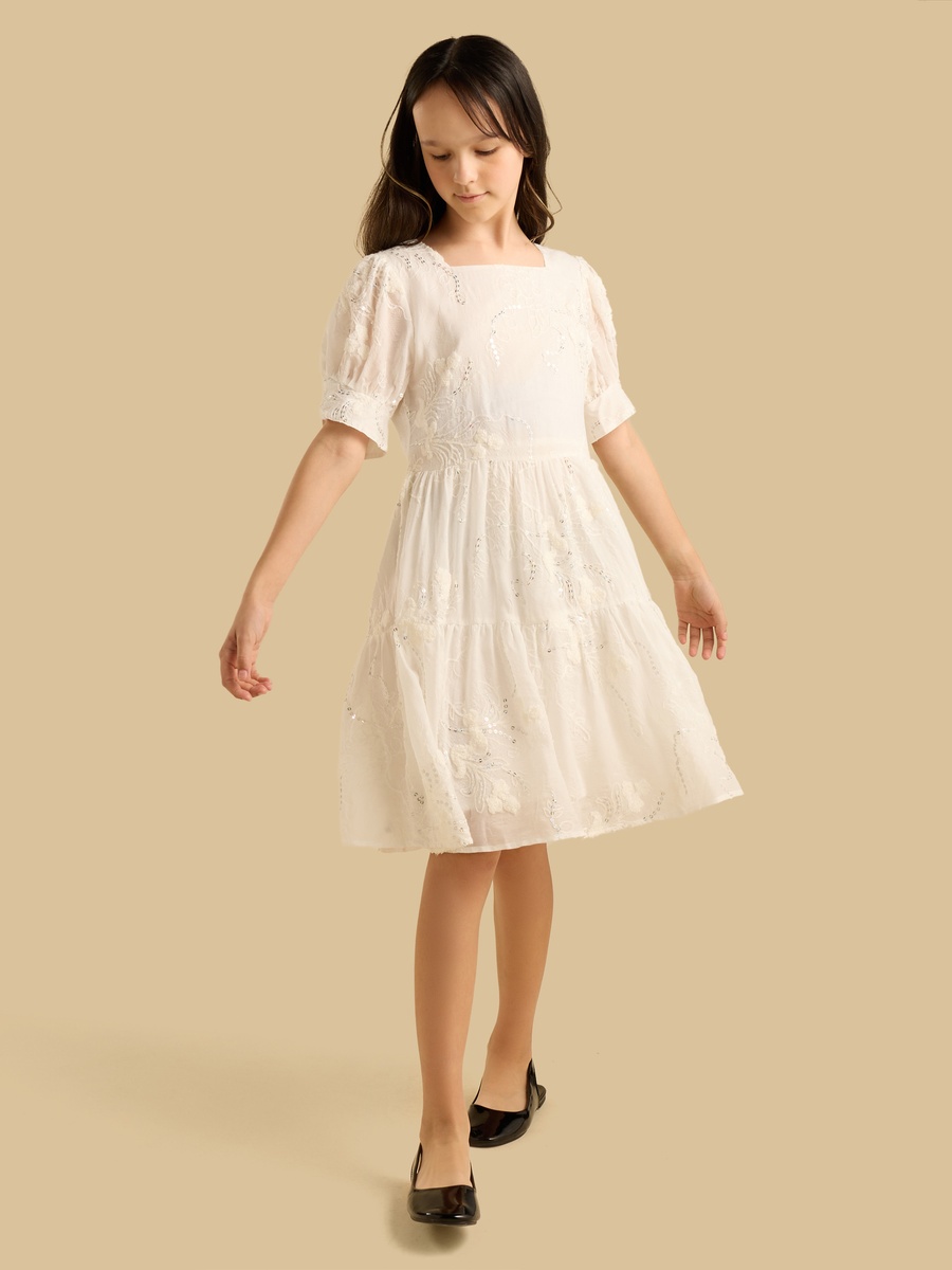 Embroidered Tiered Dress with Square Neck
