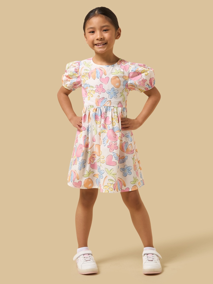 Floral Print Fit and Flared Cotton Dress with Puff Sleeves