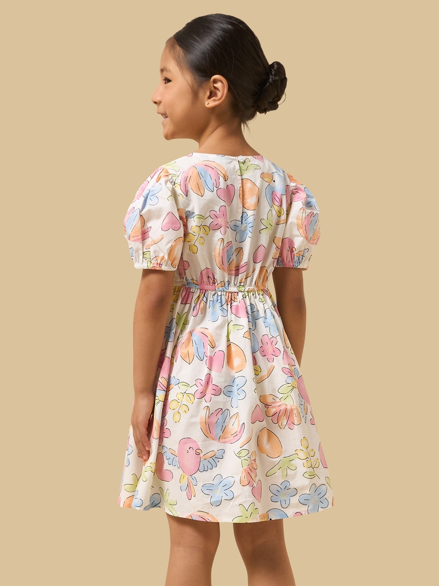 Floral Print Fit and Flared Cotton Dress with Puff Sleeves