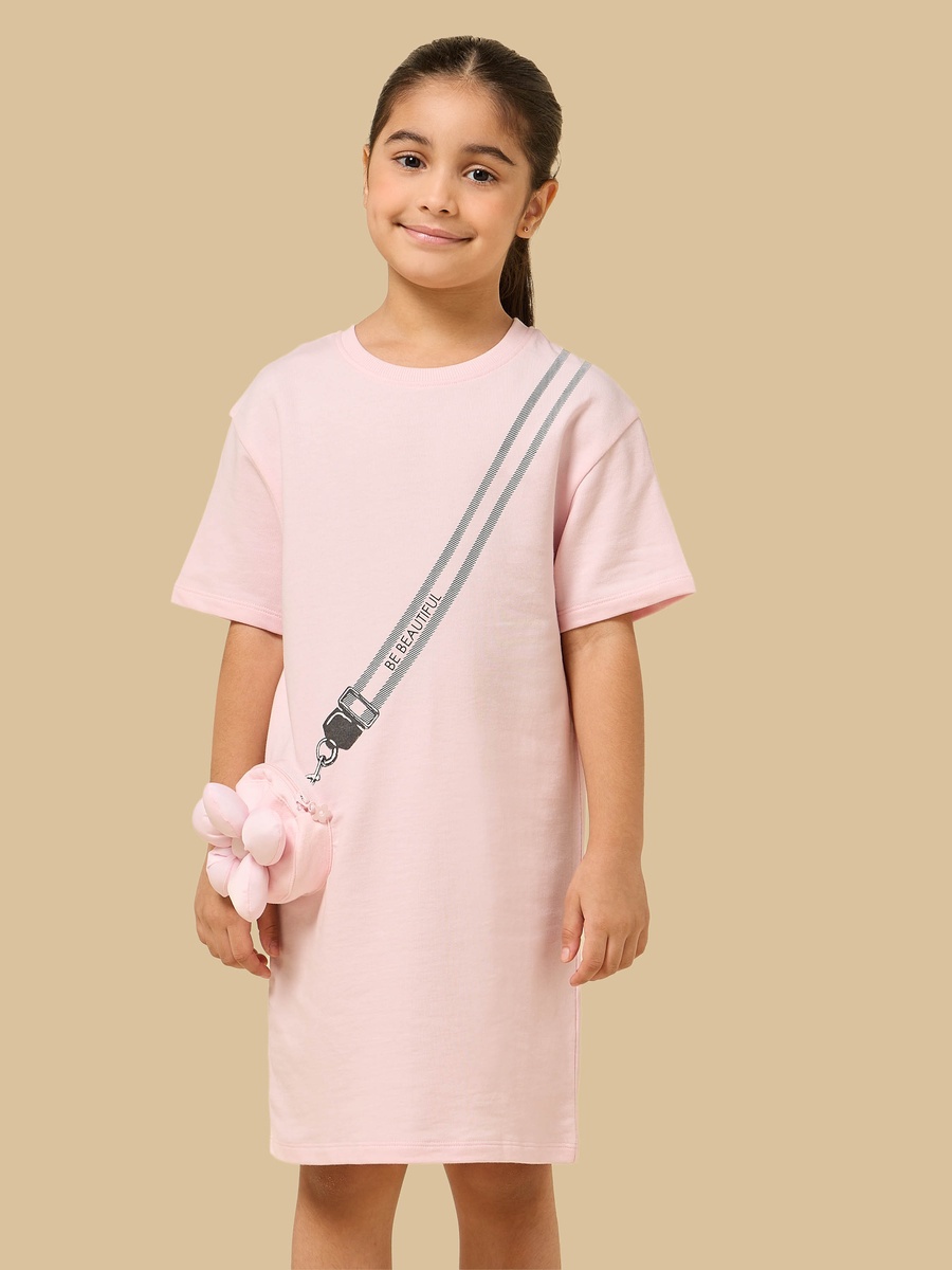 Floral Mock Bag Applique Cotton T-Shirt Dress