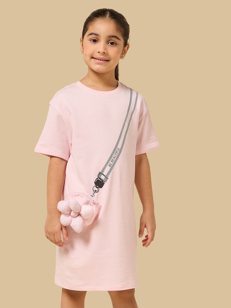 Floral Mock Bag Applique Cotton T-Shirt Dress