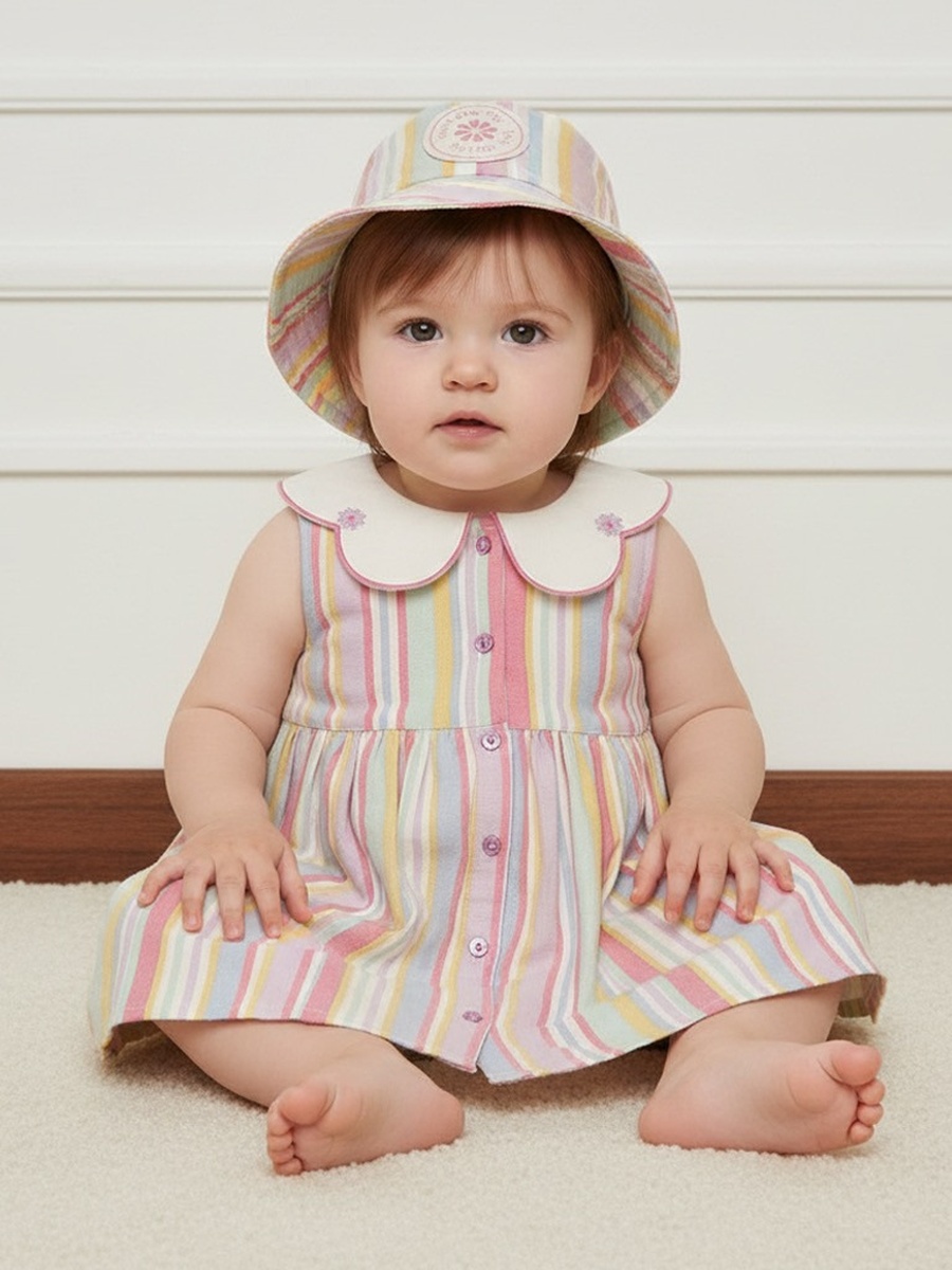 Striped Linen Dress with Cap and Bloomers
