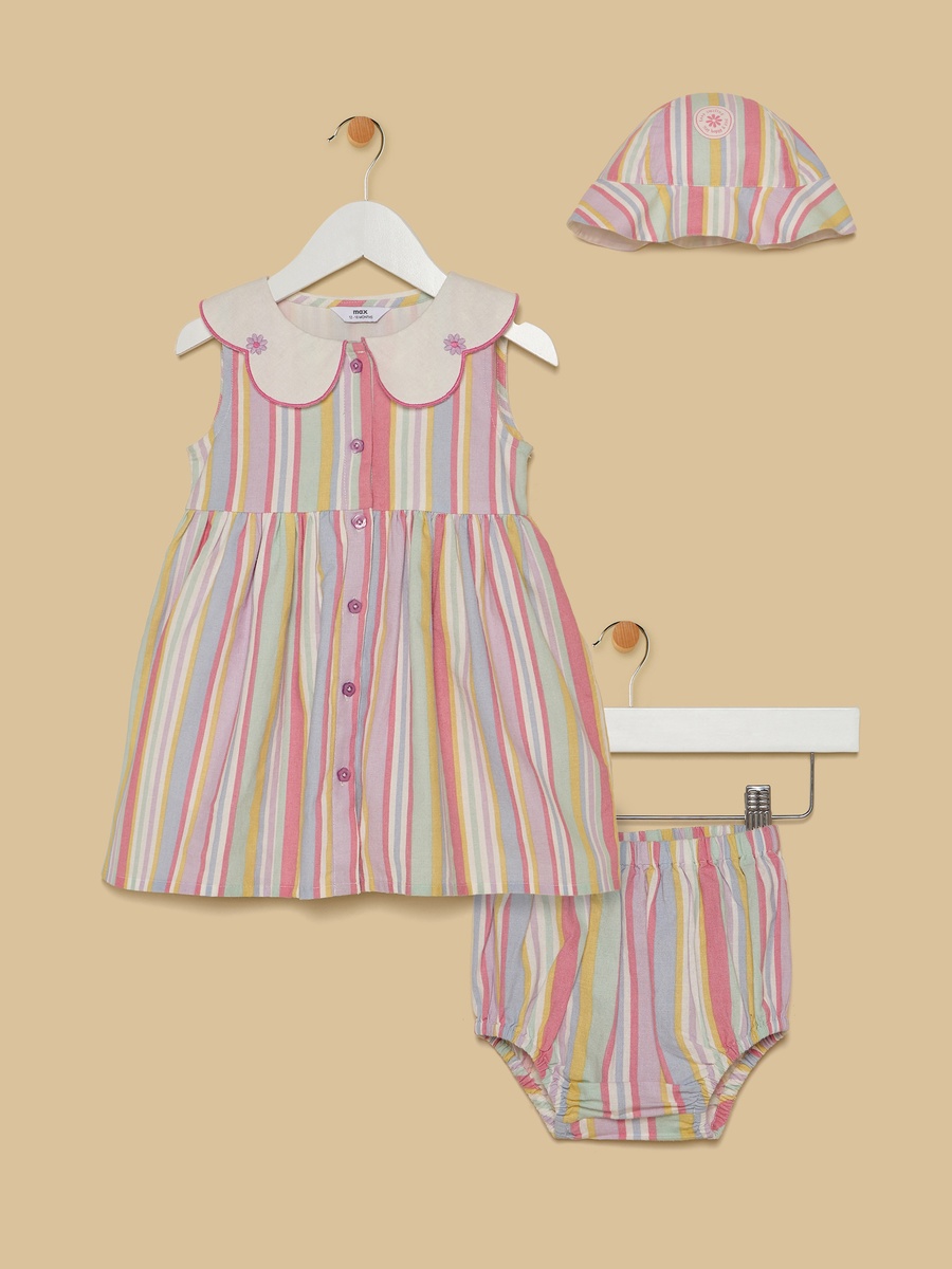Striped Linen Dress with Cap and Bloomers