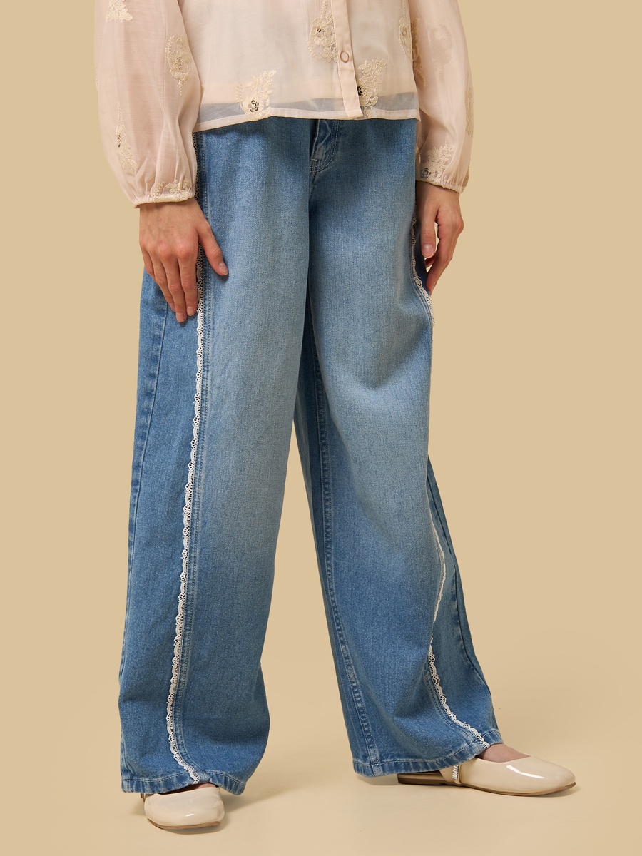 Lace Trim Cotton Wide Leg Jeans