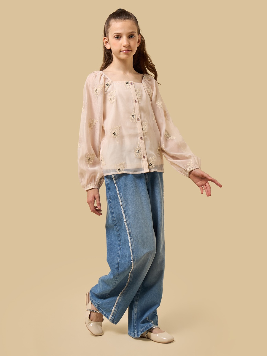 Lace Trim Cotton Wide Leg Jeans