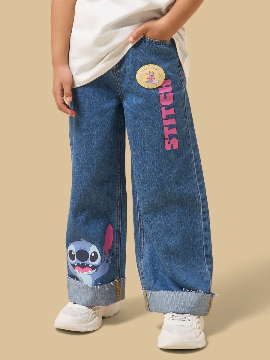 Stitch Print Cotton Wide Leg Jeans