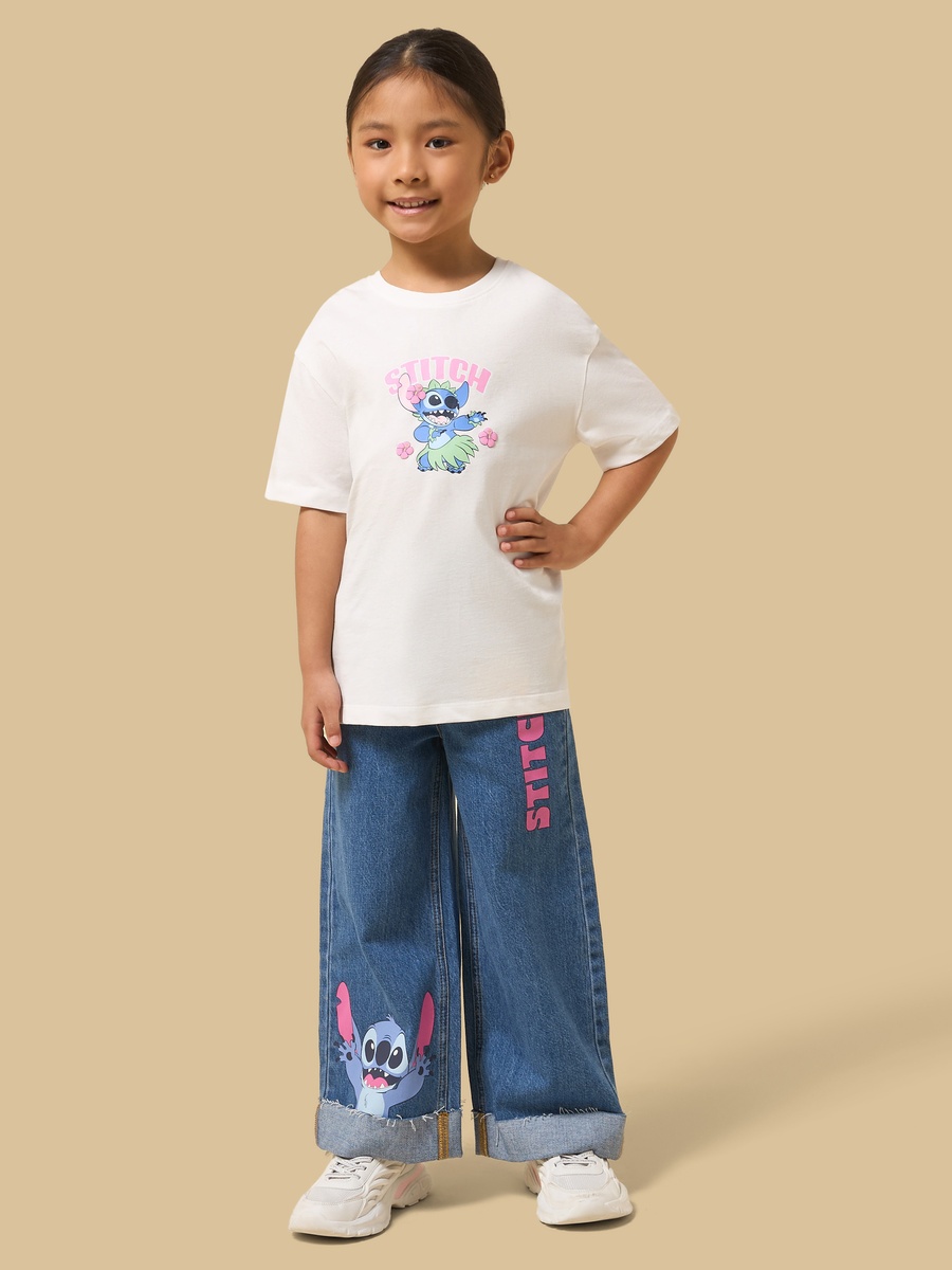 Stitch Print Cotton Wide Leg Jeans