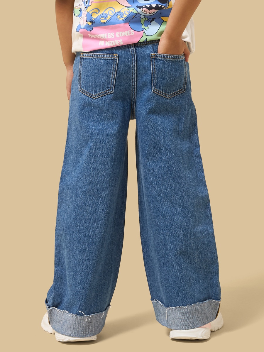 Stitch Print Cotton Wide Leg Jeans
