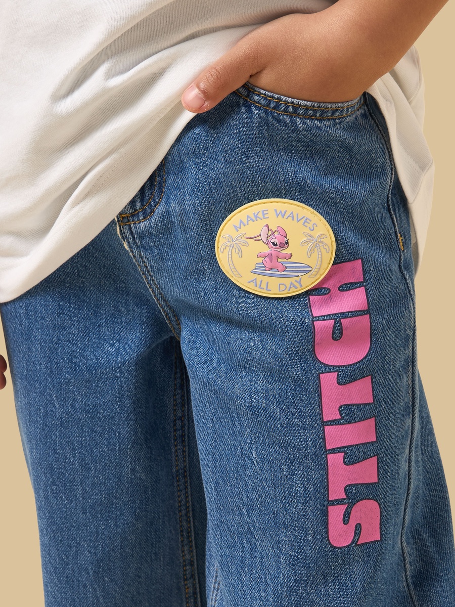 Stitch Print Cotton Wide Leg Jeans