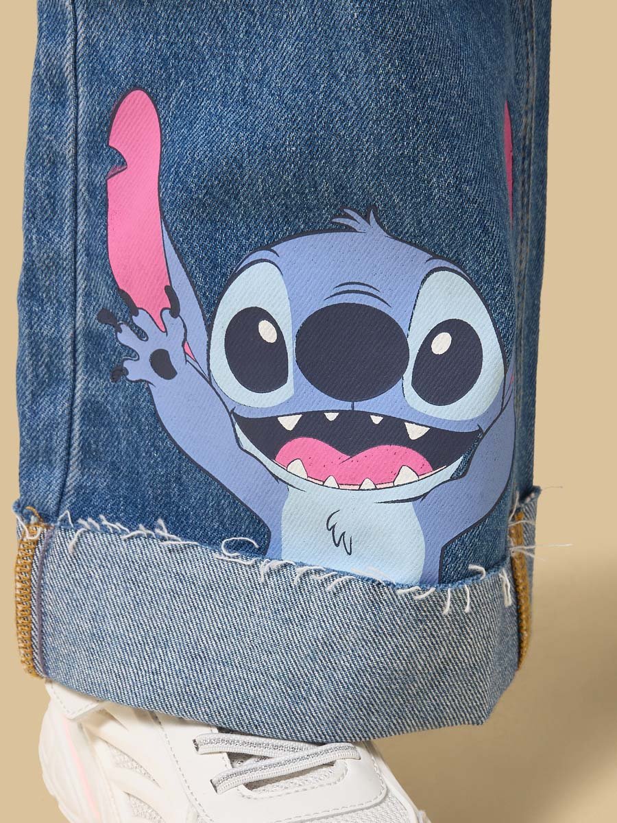 Stitch Print Cotton Wide Leg Jeans