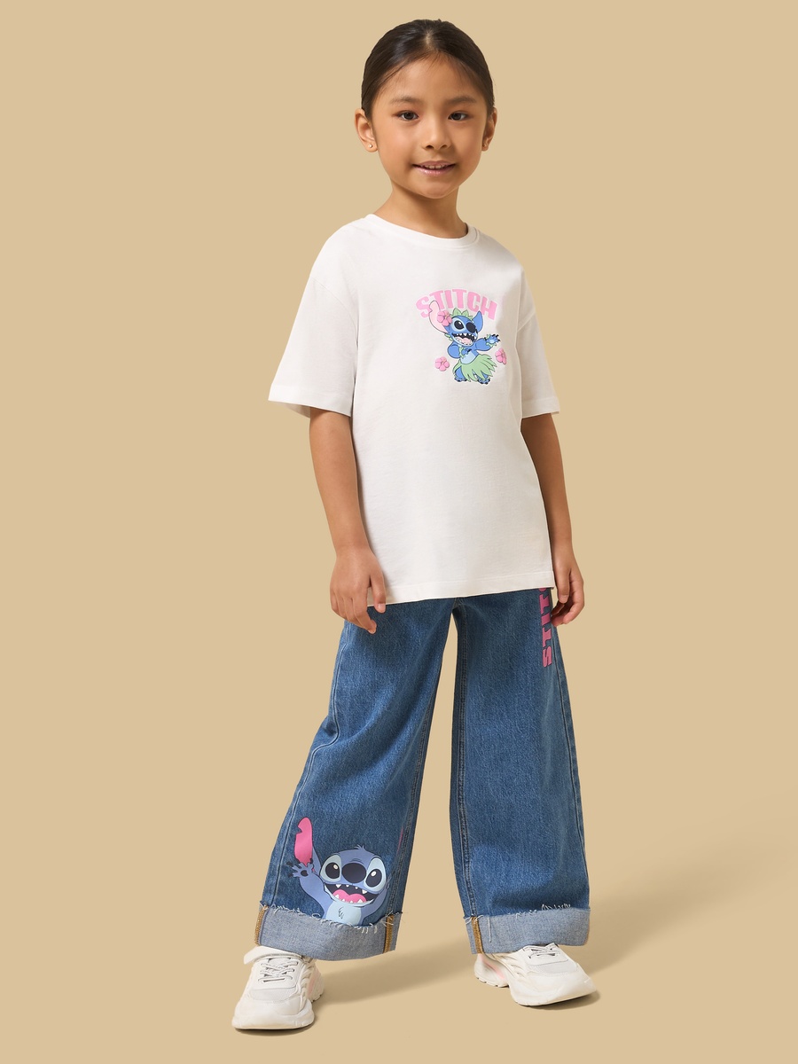 Stitch Print Cotton Wide Leg Jeans
