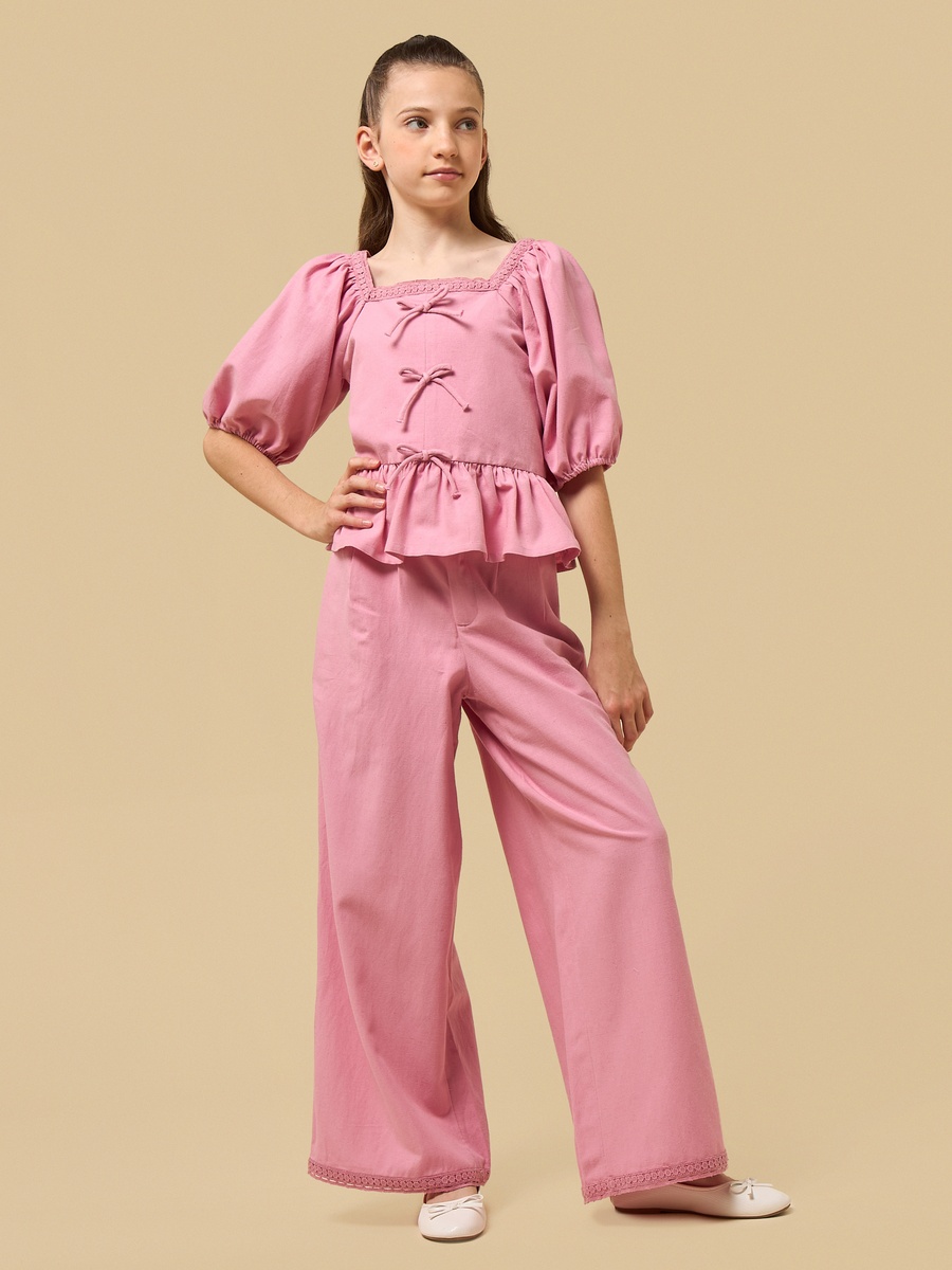 Bow Detail Puff Sleeve Peplum Top and Pants Set