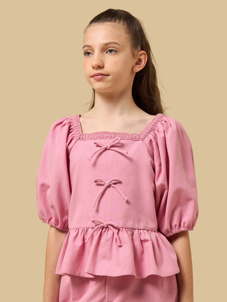 Bow Detail Puff Sleeve Peplum Top and Pants Set